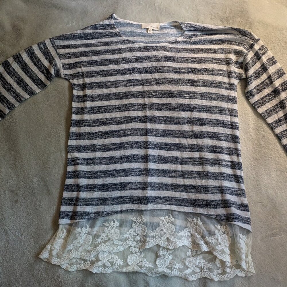 WOMEN'S SHIRT S Dept222 Boho Long Sleeves White Lace Trim Blue Stripes Dept 222